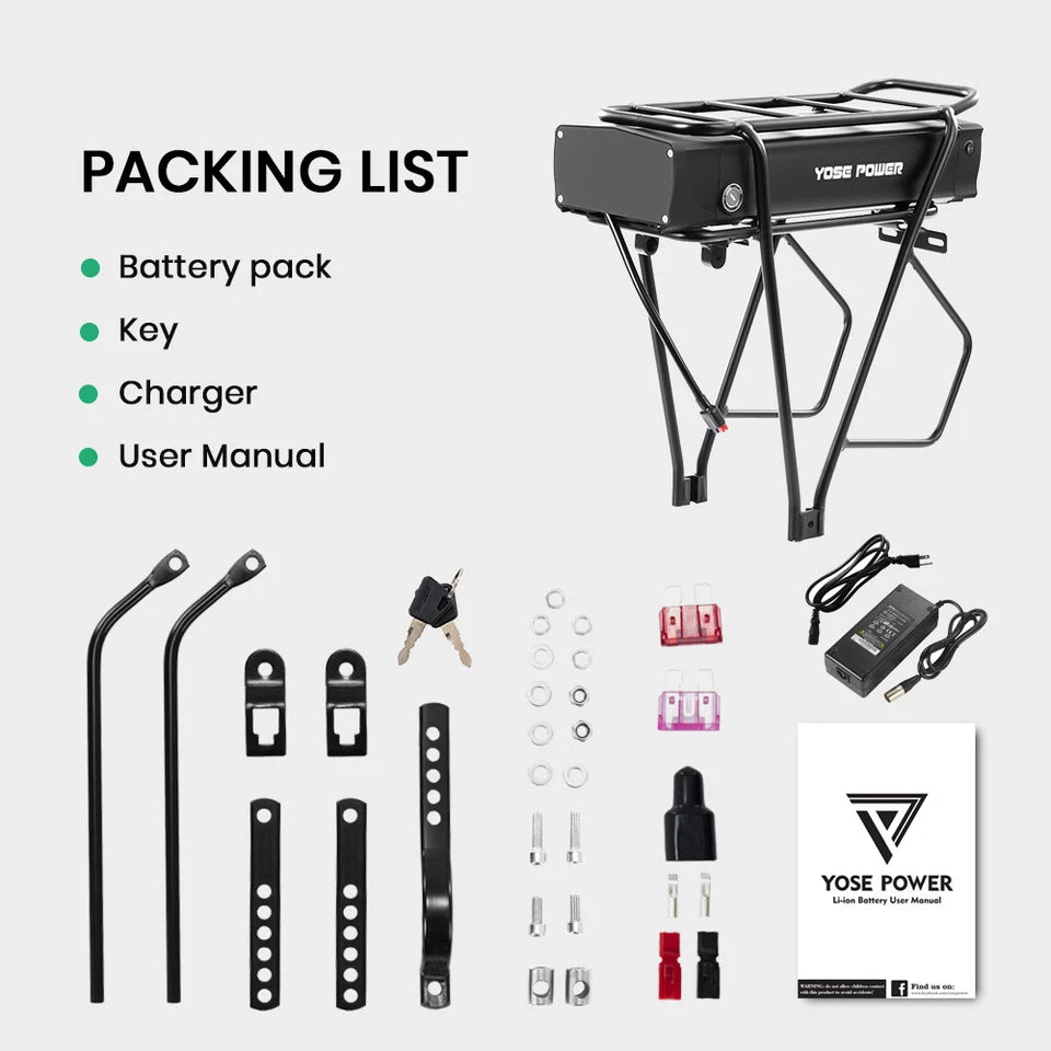 48V 20Ah Rear Rack Lithium Electric Bike Battery with Mounting Carrier