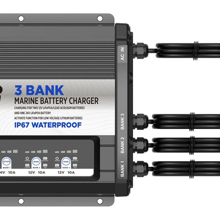 Thor Lithium 3-Bank Marine Battery Charger – 12V 10A x2 or 24V 10A, IP67 Waterproof