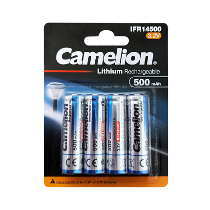 Camelion IFR14500 Lithium Iron Phosphate Rechargeable Battery 500mAh Blister Pack of 4 - For Solar Lights