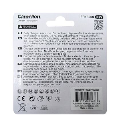 Camelion IFR18500 Lithium Iron Phosphate Rechargeable Battery 1000mAh Blister Pack of 4 - For Solar Lights