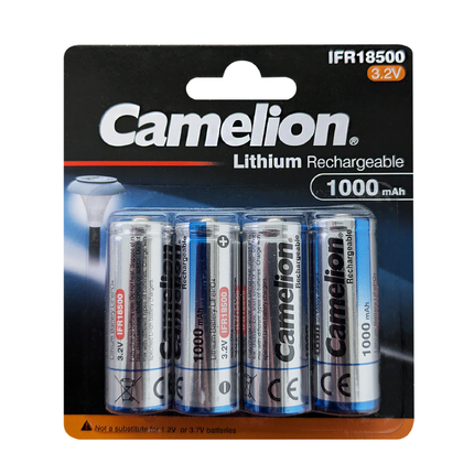 Camelion IFR18500 Lithium Iron Phosphate Rechargeable Battery 1000mAh Blister Pack of 4 - For Solar Lights