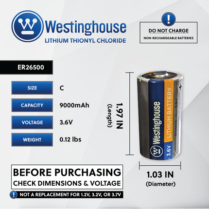 Westinghouse ER26500 C Size 3.6V Lithium Primary Battery for Specialized Devices - Non Rechargeable