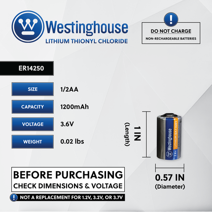Westinghouse ER14250 1/2AA Size 3.6V Lithium Primary Battery for Specialized Devices - Non Rechargeable