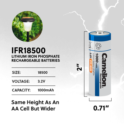 Camelion IFR18500 Lithium Iron Phosphate Rechargeable Battery 1000mAh Blister Pack of 4 - For Solar Lights
