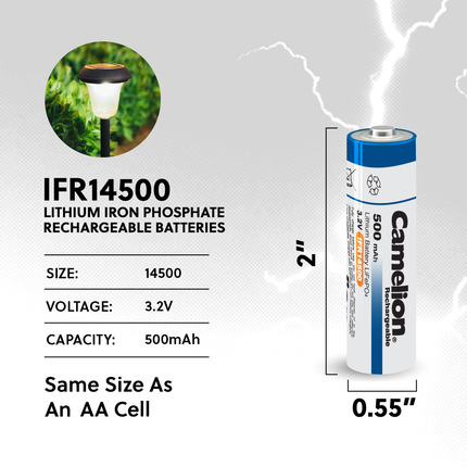 Camelion IFR14500 Lithium Iron Phosphate Rechargeable Battery 500mAh Blister Pack of 4 - For Solar Lights