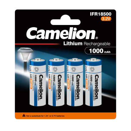 Camelion IFR18500 Lithium Iron Phosphate Rechargeable Battery 1000mAh Blister Pack of 4 - For Solar Lights