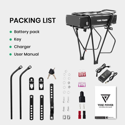 48V 20Ah Rear Rack Lithium Electric Bike Battery with Mounting Carrier