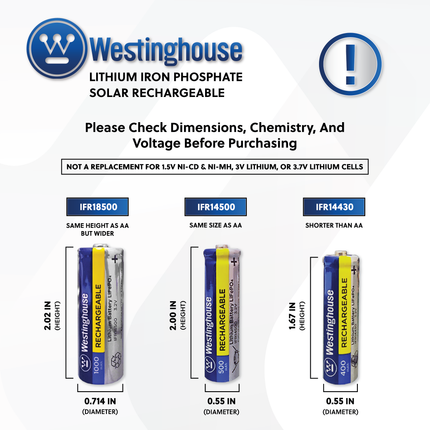 Westinghouse IFR14500 Lithium Iron Phosphate 3.2V 500mAh Rechargeable Solar Light Battery Blister Pack of 4