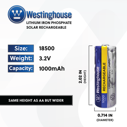 Westinghouse IFR18500 Lithium Iron Phosphate 3.2V 1000mAh Rechargeable Battery Cardboard Box of 8 - For Solar Lights