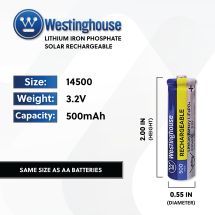 Westinghouse IFR14500 Lithium Iron Phosphate 3.2V 500mAh Rechargeable Solar Light Battery Blister Pack of 4