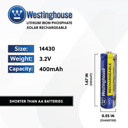 Westinghouse IFR14430 Lithium Iron Phosphate 3.2V 400mAh Rechargeable Battery Blister Pack of 4 - For Solar Lights